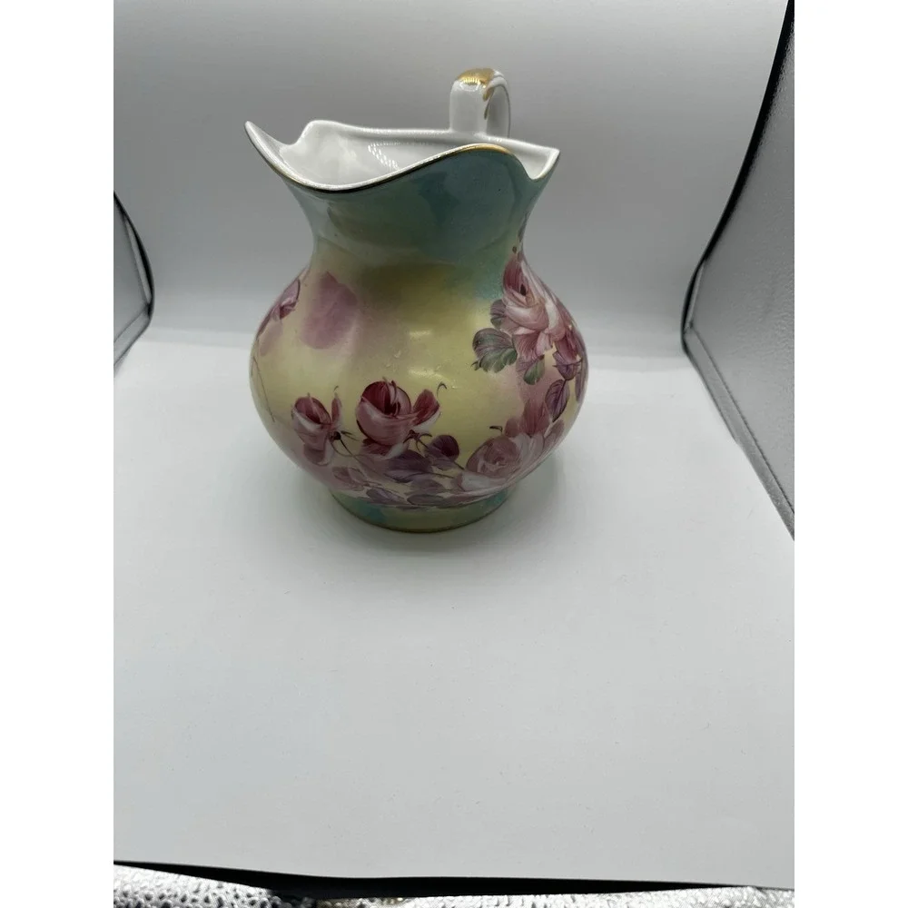 Vintage‎ Hand Painted Porcelain Floral Pitcher Ewer Gold Gilt Pink Roses 8.5